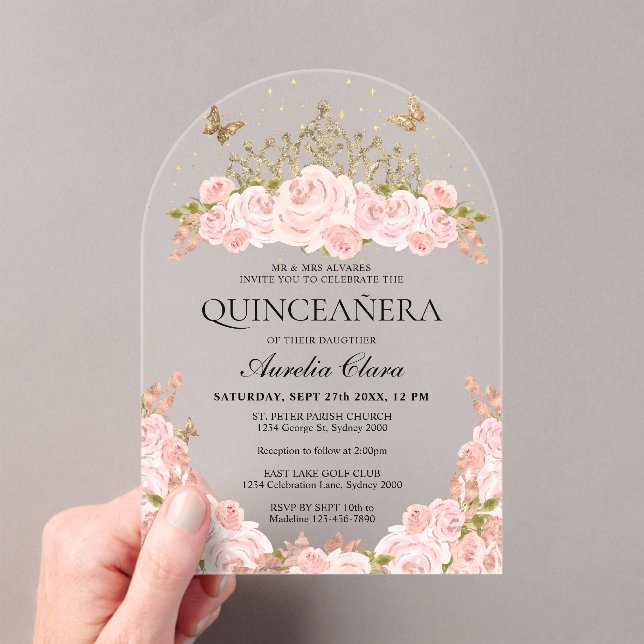 Blush Pink Floral Gold Tiara Quinceanera Arch Acrylic Invitations (Insitu (Handheld))
