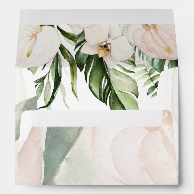 Blush Pink Floral Gold Tropical Greenery Wedding Envelope (Back (Bottom))
