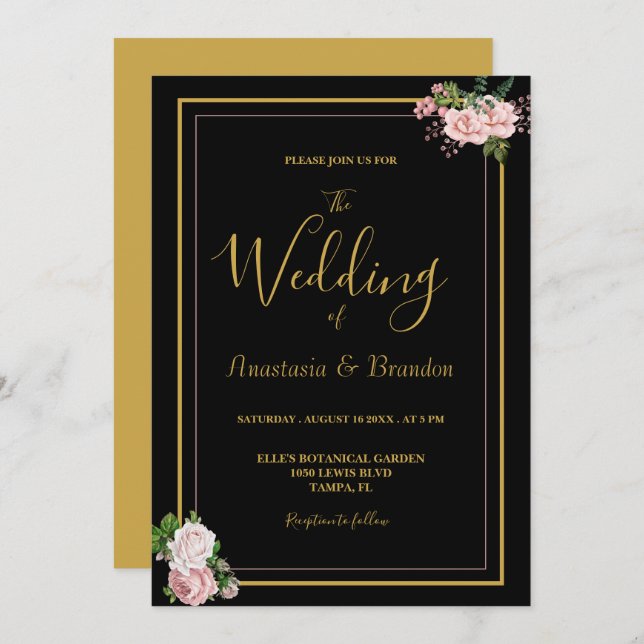 Blush Pink Floral & Gold Wedding Invitation (Front/Back)