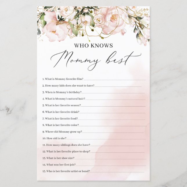 Blush pink floral gold who knows mummy best game (Front)