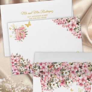Blush Pink Floral Golden Butterfly Quinceañera Envelope