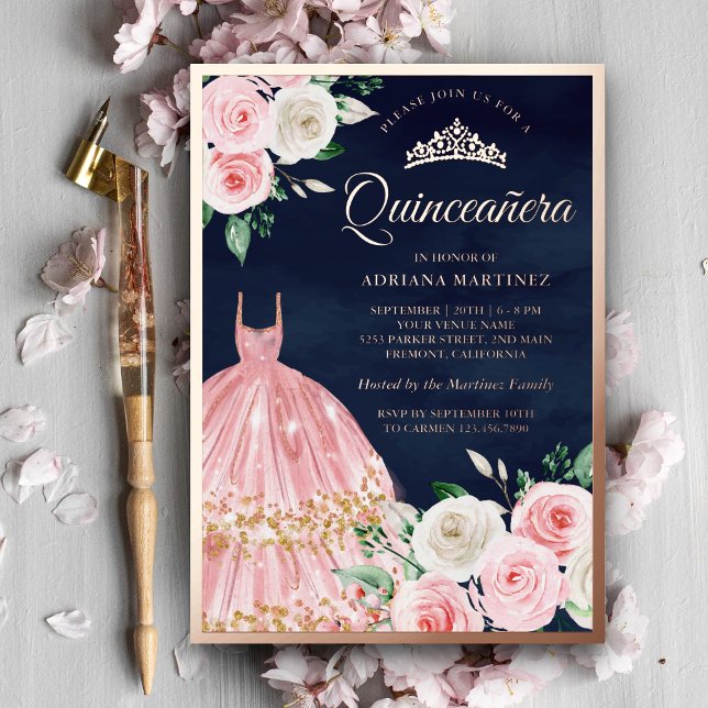 Blush Pink Floral Gown Quinceanera Navy Rose Gold (Creator Uploaded)