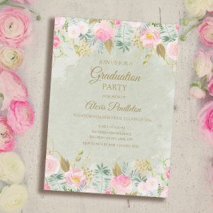 Blush Pink Floral Green Gold Graduation Party Invitation