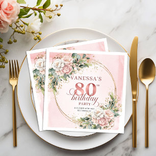 Blush Pink Floral Greenery 80th Birthday Party  Napkin