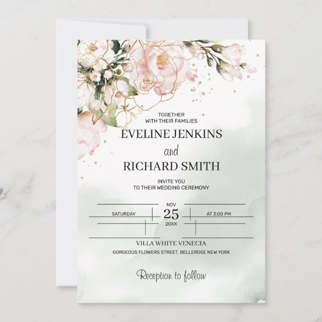 Blush Pink Floral Greenery Boho Wedding Invitation (Front)