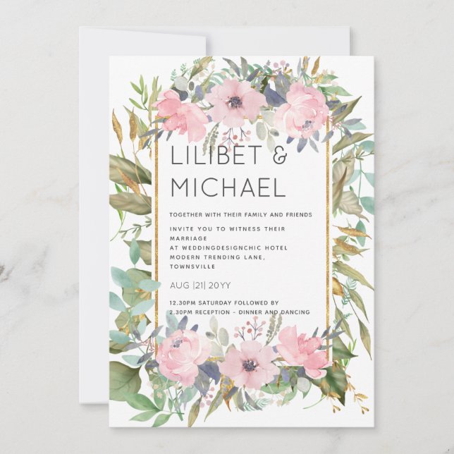 Blush Pink Floral Greenery Boho Wedding Invitation (Front)