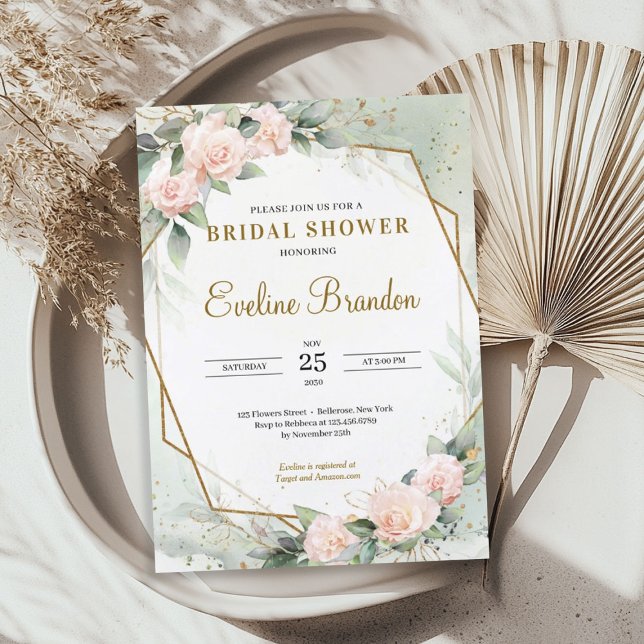 Blush Pink Floral Greenery Gold Frame Bridal Invitation (Blush Pink Floral Greenery Gold Frame Bridal Invitation)
