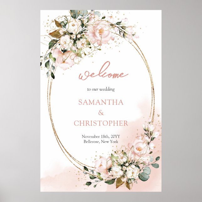 Blush pink floral greenery gold glitter wedding poster (Front)