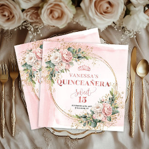 Blush Pink Floral Greenery Sweet 15 Napkins