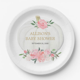 Blush pink floral greenery white pumpkins paper plate