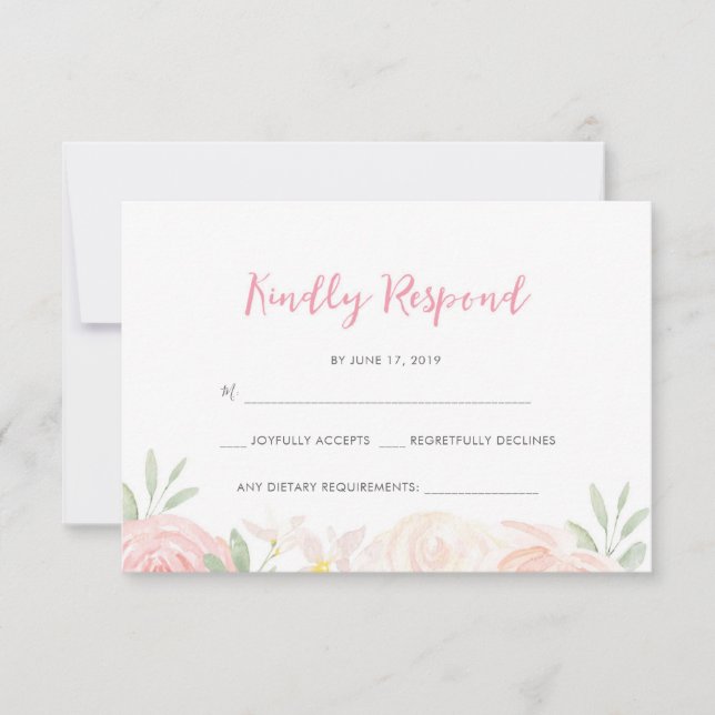 Blush pink floral grey RSVP cards (Front)