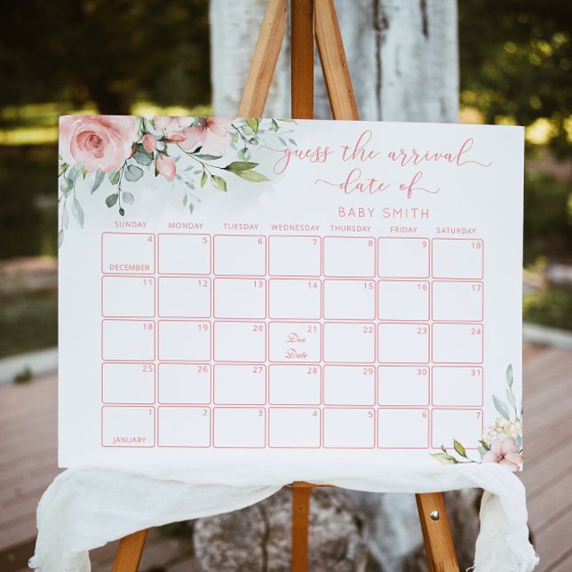 Blush pink floral Guess the due Date calendar Poster (Creator Uploaded)