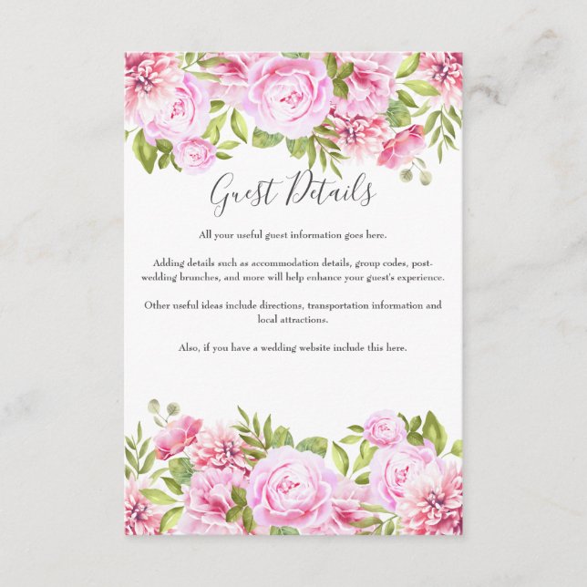 Blush Pink Floral Guest Information Details Enclosure Card (Front)