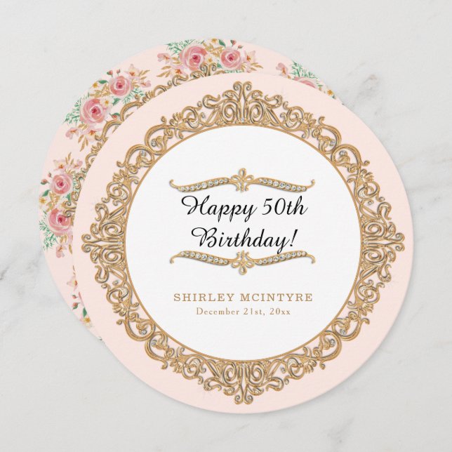 Blush Pink Floral Happy 50th Birthday Gold Jewel Invitation (Front/Back)