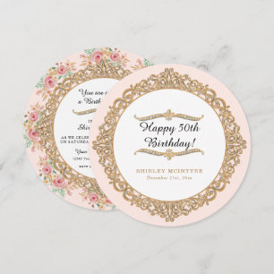 Blush Pink Floral Happy 50th Birthday Gold Jewel Invitation