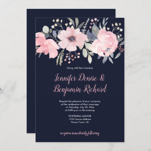 Blush Pink Floral Header on Navy Wedding   Invitation