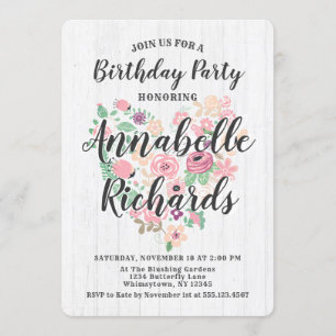 Blush Pink Floral Heart Birthday Party Invitation