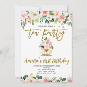 Blush Pink Floral, High Tea First Birthday Invitation