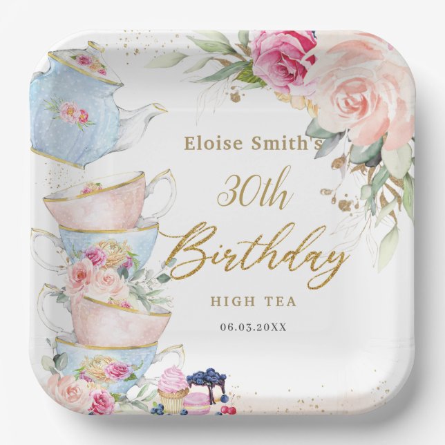Blush Pink Floral High Tea Party Birthday Paper Plate (Front)