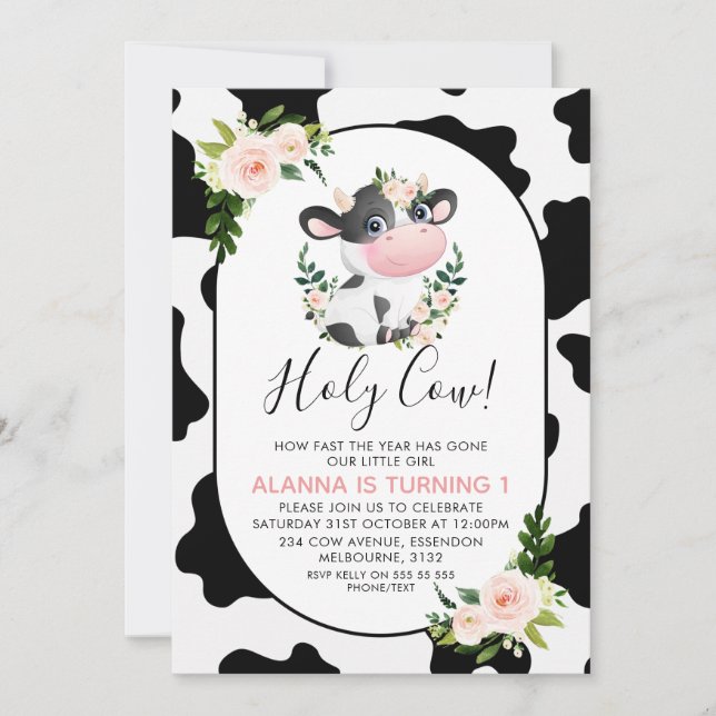 Blush Pink Floral Holy Cow Cow Print Birthday Invitation (Front)