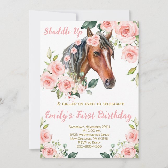 Blush Pink Floral & Horse First Birthday Party Invitation (Front)