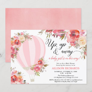 Blush pink floral hot air balloon girl baby shower invitation