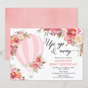 Blush pink floral hot air balloon girl birthday invitation