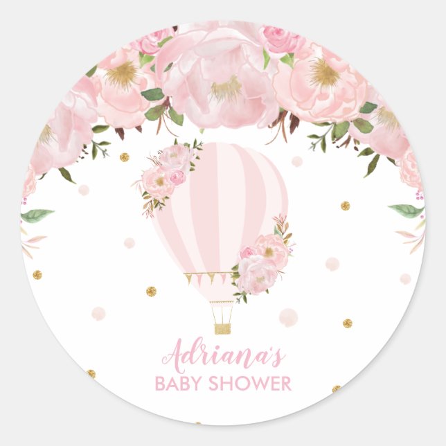 Blush Pink Floral Hot Air Balloon Thank You Favour Classic Round Sticker (Front)