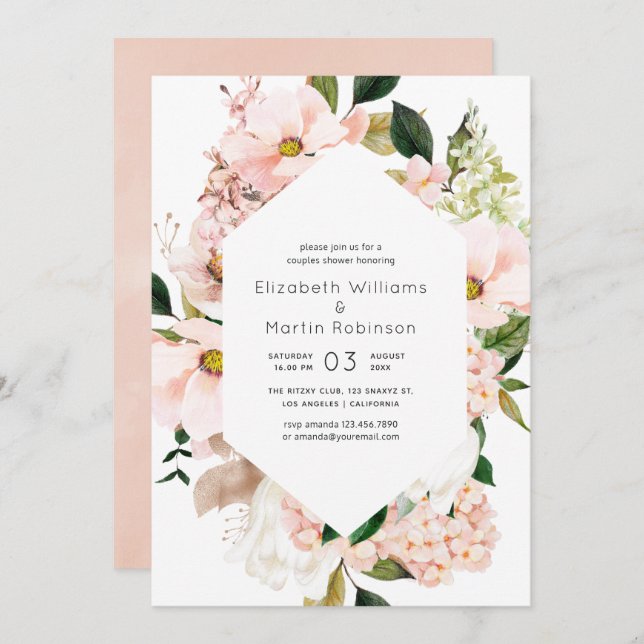 Blush Pink Floral Hydrangeas Couples Shower Invitation (Front/Back)