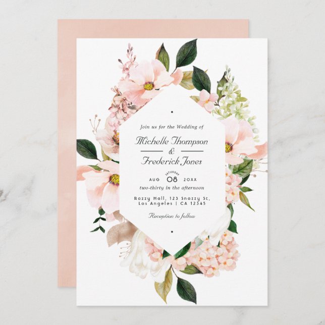 Blush Pink Floral Hydrangeas QR Code RSVP Wedding Invitation (Front/Back)