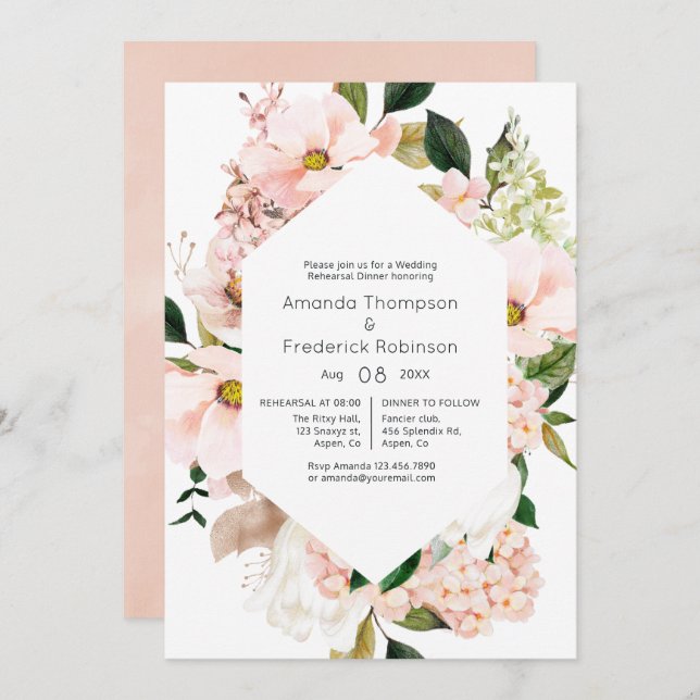 Blush Pink Floral Hydrangeas Rehearsal Dinner Invitation (Front/Back)