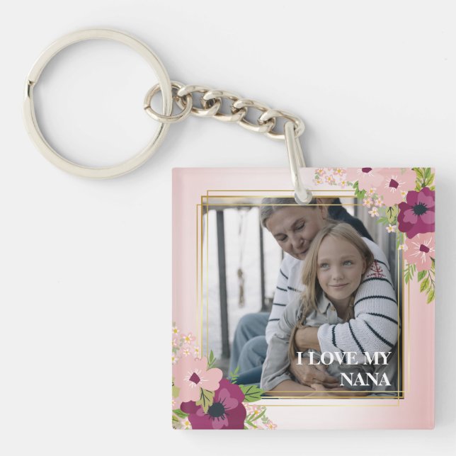 Blush Pink Floral I Love My Nana Photo Key Ring (Front)