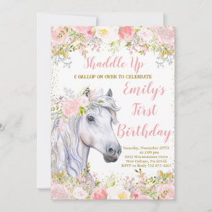 Blush Pink Floral invite, Horse 1st Birthday Party Invitation