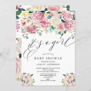 Blush Pink Floral It's a Girl Baby Shower Invitation