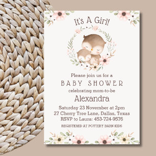 Blush Pink Floral It's a Girl Owl Baby Shower Invitation