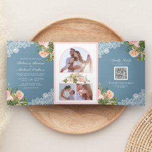 Blush Pink Floral Lace Dusty Blue QR Code Wedding Tri-Fold Invitation