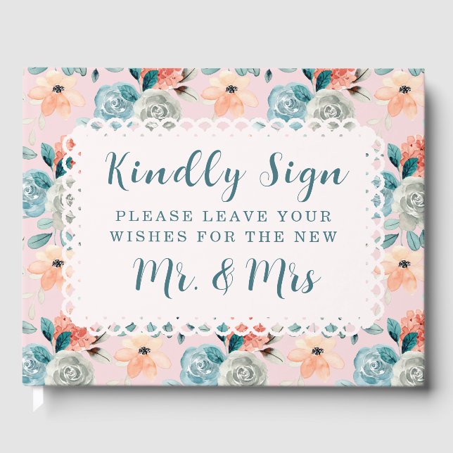 Blush Pink Floral Lace Elegant Wedding Calligraphy Guest Book (Front)