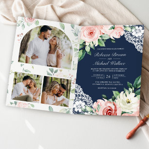 Blush Pink Floral Lace Navy Blue QR Code Wedding Invitation