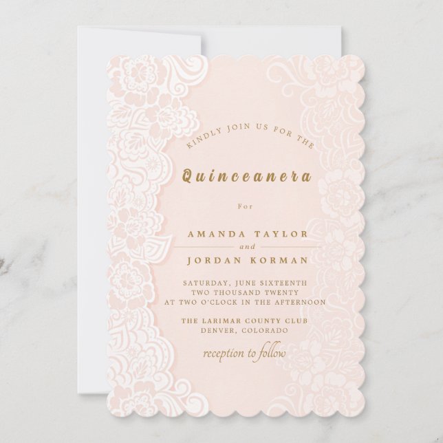 Blush Pink Floral Lace Quinceanera Invitation (Front)