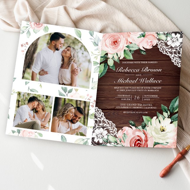 Blush Pink Floral Lace Rustic Wood QR Code Wedding Invitation (Creator Uploaded)