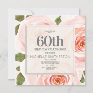 Blush Pink Floral Leaves 60th Birthday Women Invitation