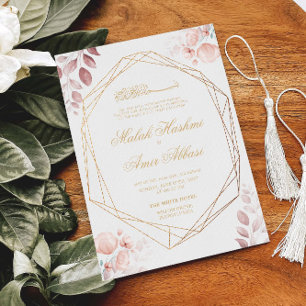Blush Pink Floral Leaves Gold Muslim Wedding Invitation