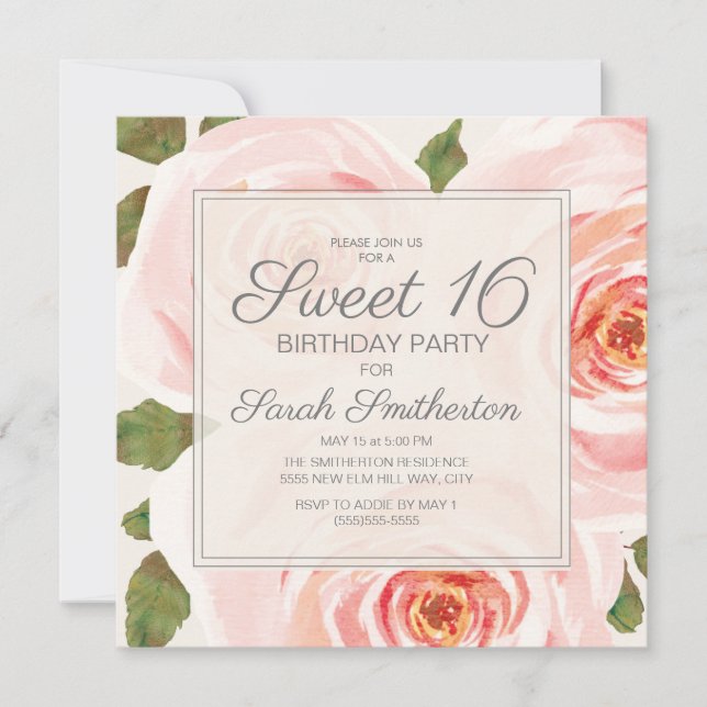 Blush Pink Floral Leaves Sweet 16 Birthday Girls Invitation (Front)