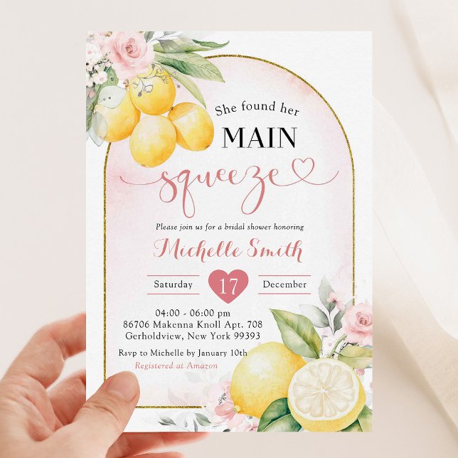 Blush Pink Floral Lemon Main Squeeze Bridal Shower Invitation (Creator Uploaded)