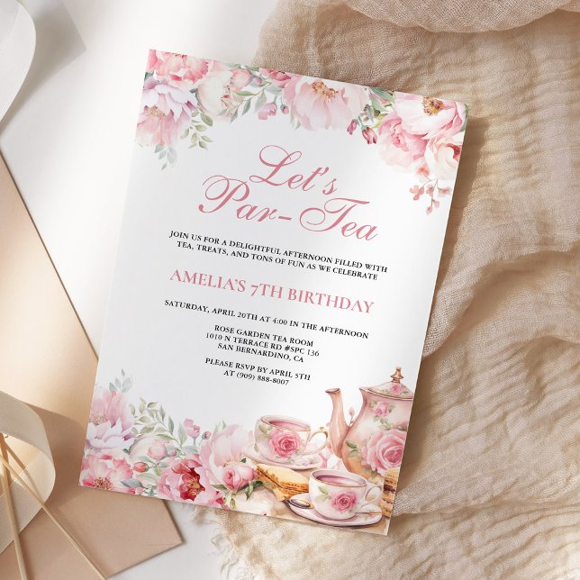 Blush Pink Floral Let's Par-Tea Birthday Invitation (Creator Uploaded)