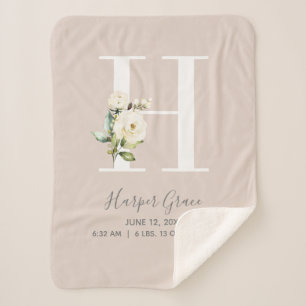 Blush Pink Floral Letter H Baby Script Birth Stats Sherpa Blanket