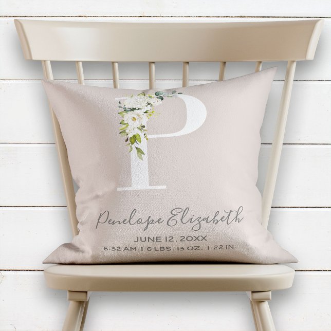Blush Pink Floral Letter P Baby Script Birth Stats Cushion (Creator Uploaded)