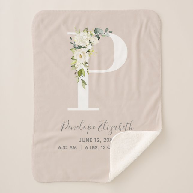 Blush Pink Floral Letter P Baby Script Birth Stats Sherpa Blanket (Front)