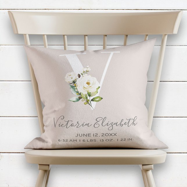 Blush Pink Floral Letter V Baby Script Birth Stats Cushion (Creator Uploaded)