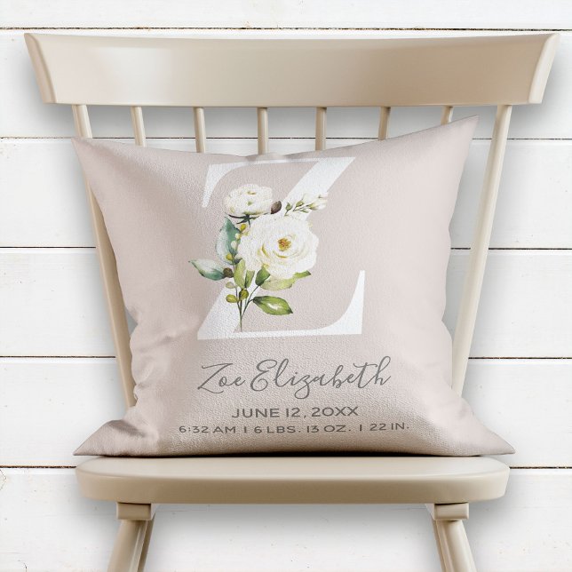 Blush Pink Floral Letter Z Baby Script Birth Stats Cushion (Creator Uploaded)